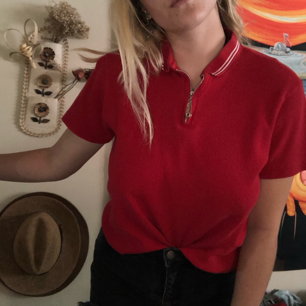 zip up red polo